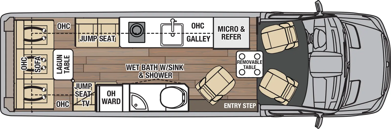 The Galleria 24T has 0 slideouts and 1 entry door and rear doors. Interior layout from front to back; removable table;  off door microwave and refrigerator and Galley kitchen with LP cooktop and single sink with overhead cabinets; door side near entry step side wet bath with toilet, sink and shower; off door jump seat with overhead cabinets; door side wardrobe next to jump seat, TV with overhead cabinets; rear lagun table with sofa and overhead cabinets.